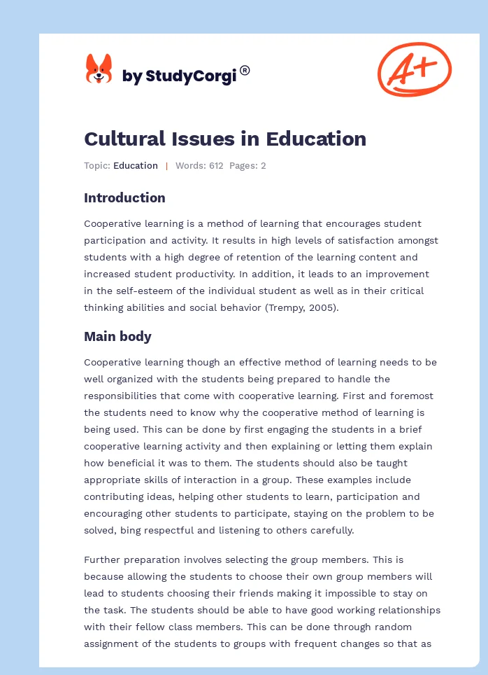 Cultural Issues in Education. Page 1