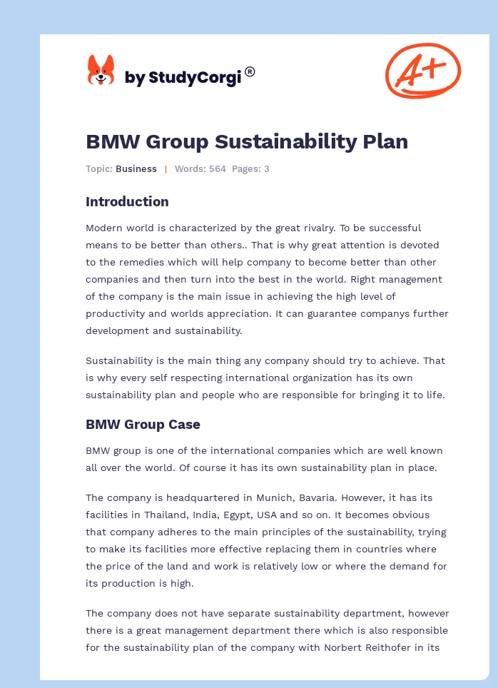 BMW Group Sustainability Plan. Page 1