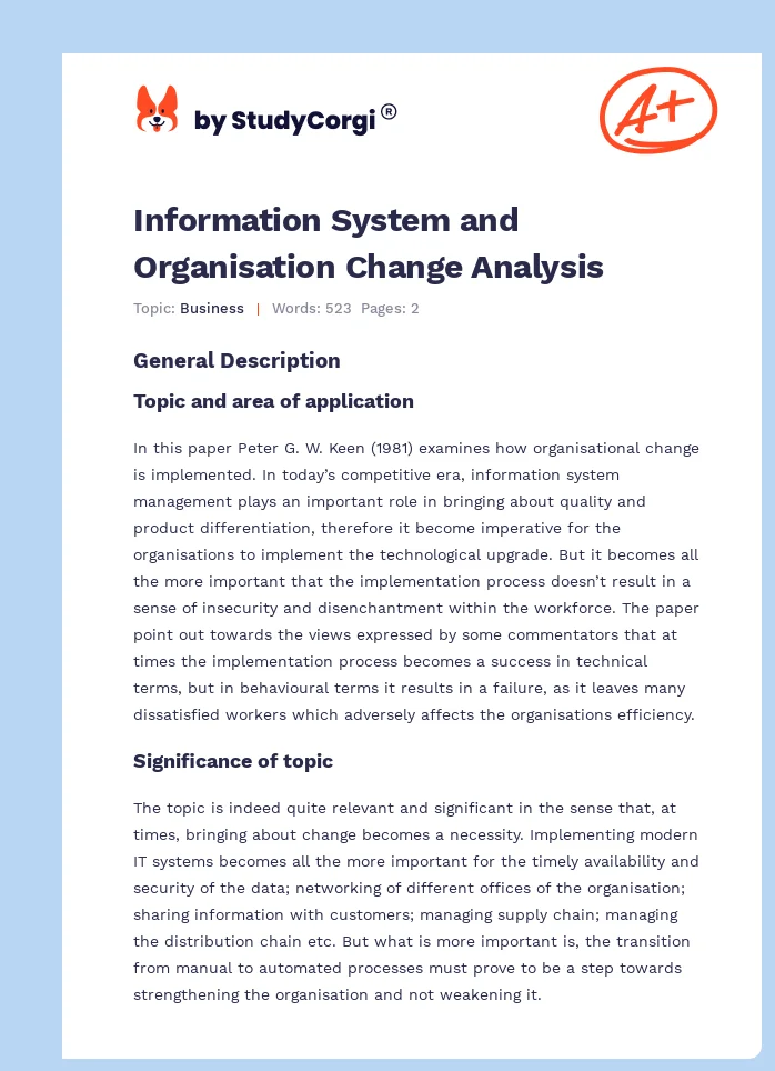 Information System and Organisation Change Analysis. Page 1