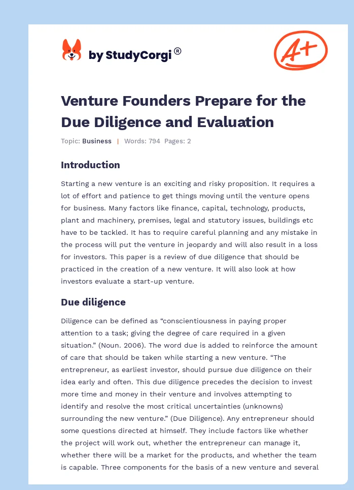 Venture Founders Prepare for the Due Diligence and Evaluation. Page 1