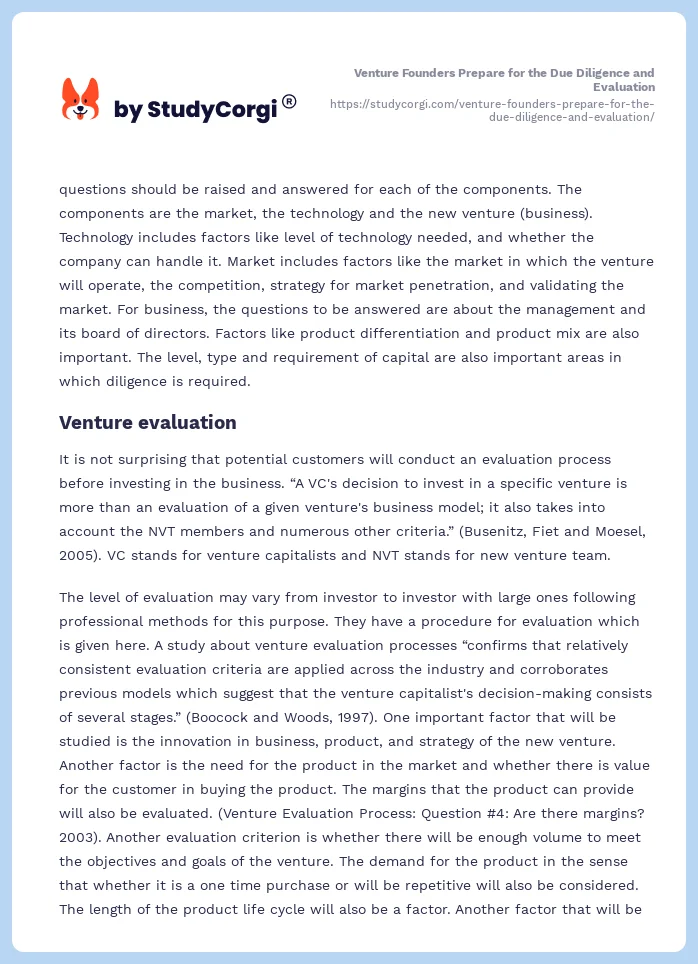 Venture Founders Prepare for the Due Diligence and Evaluation. Page 2