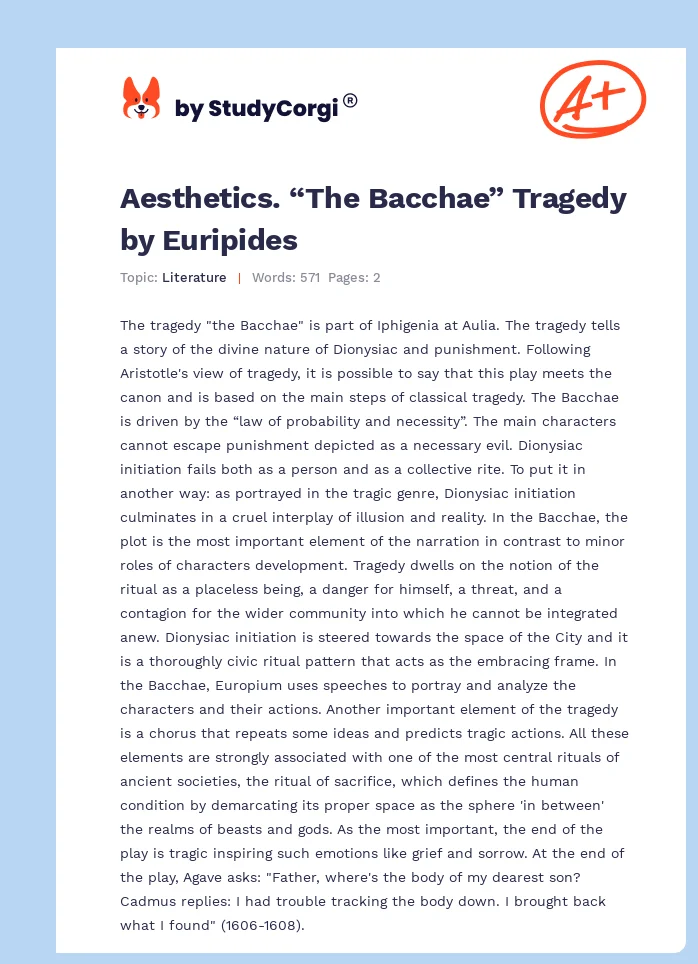 Aesthetics. “The Bacchae” Tragedy by Euripides. Page 1