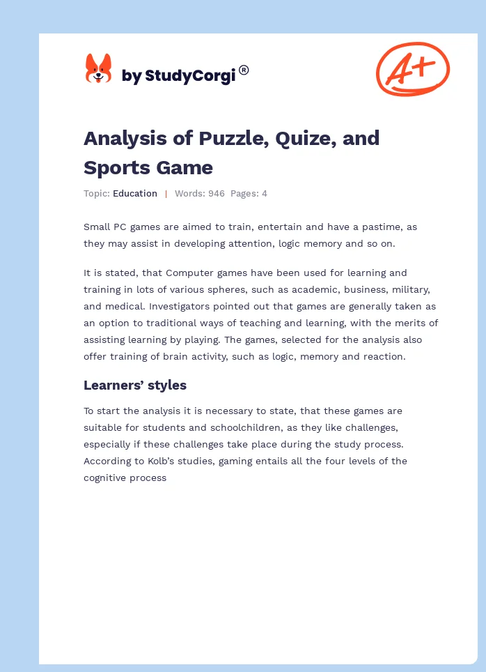 Analysis of Puzzle, Quize, and Sports Game. Page 1