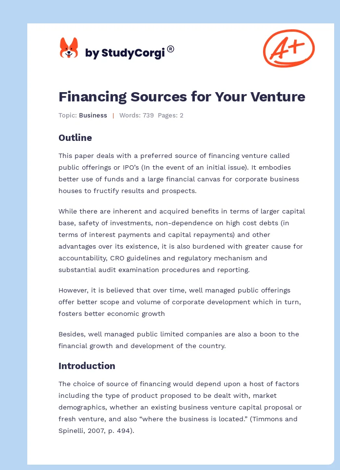 Financing Sources for Your Venture. Page 1