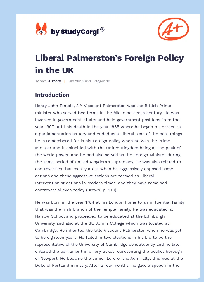 Liberal Palmerston’s Foreign Policy in the UK. Page 1