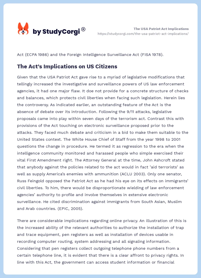 The USA Patriot Act Implications. Page 2