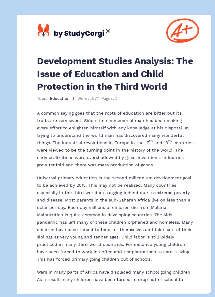 Development Studies Analysis: The Issue of Education and Child Protection in the Third World. Page 1
