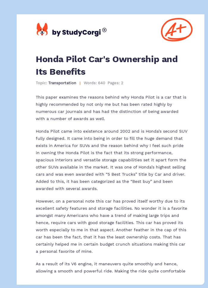 Honda Pilot Car's Ownership and Its Benefits. Page 1