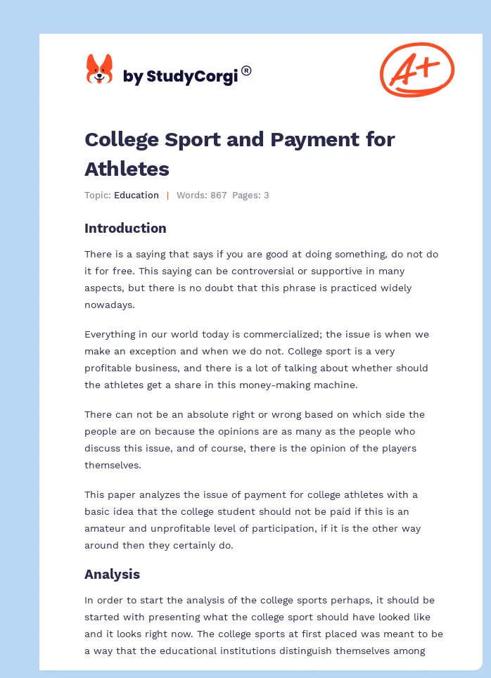 College Sport and Payment for Athletes. Page 1