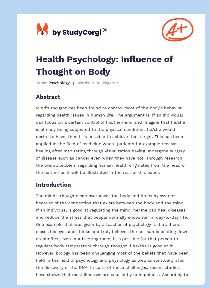 Health Psychology: Influence of Thought on Body. Page 1