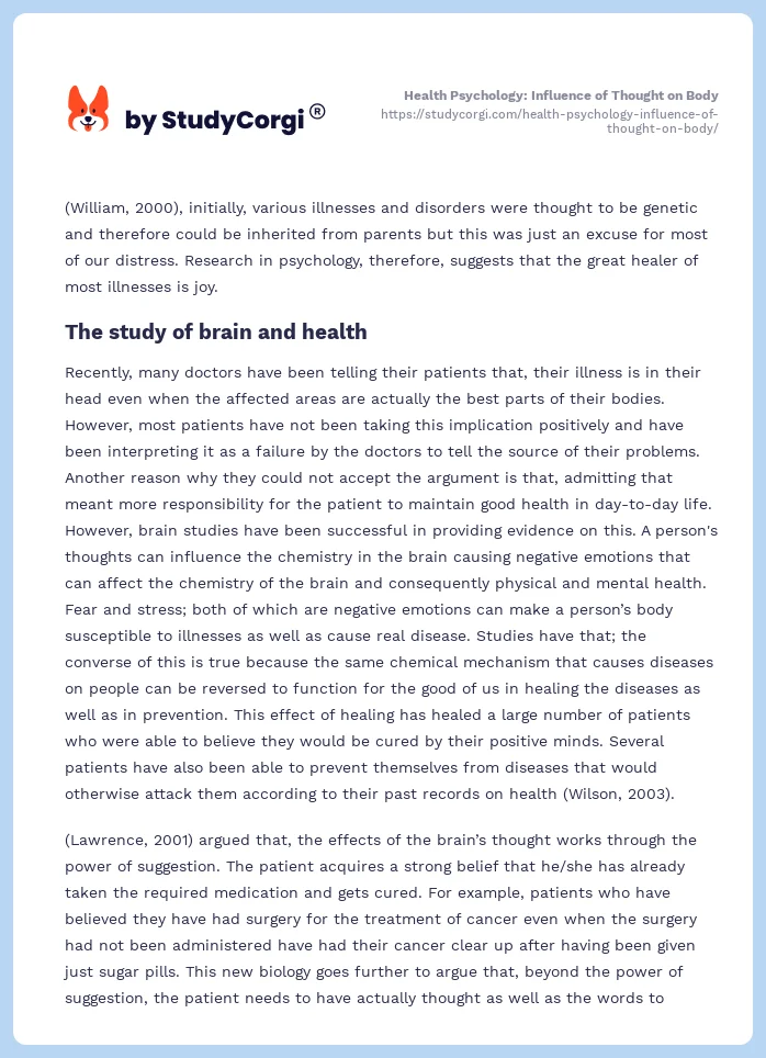 Health Psychology: Influence of Thought on Body. Page 2