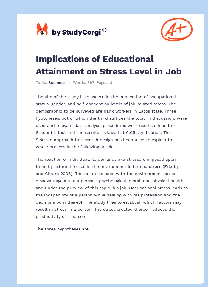 Implications of Educational Attainment on Stress Level in Job. Page 1