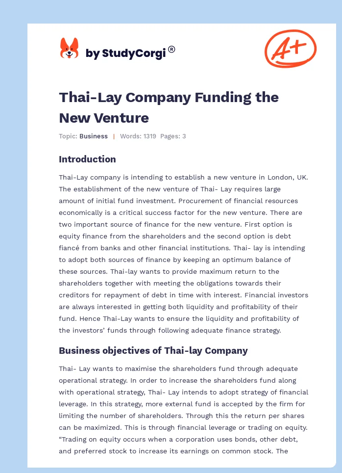 Thai-Lay Company Funding the New Venture. Page 1