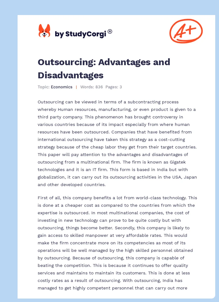 Outsourcing: Advantages and Disadvantages. Page 1