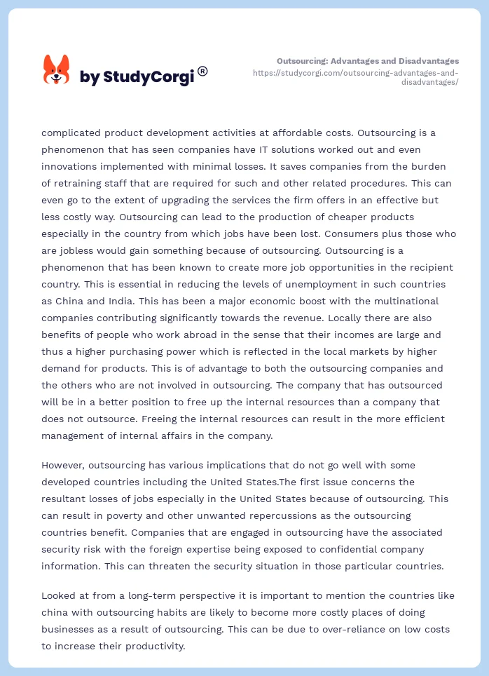 Outsourcing: Advantages and Disadvantages. Page 2