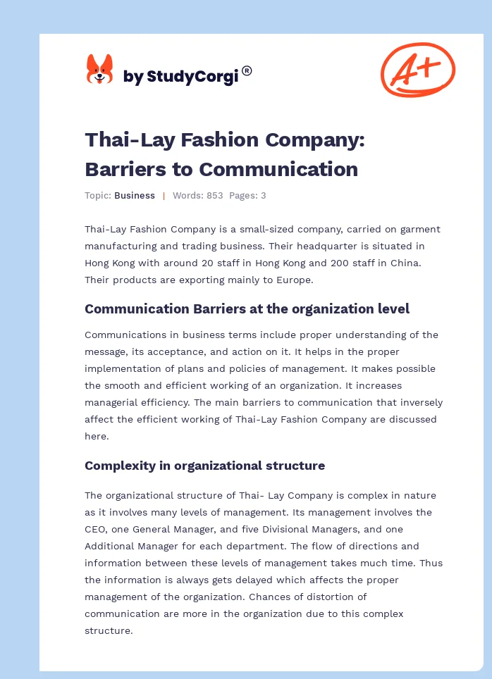 Thai-Lay Fashion Company: Barriers to Communication. Page 1