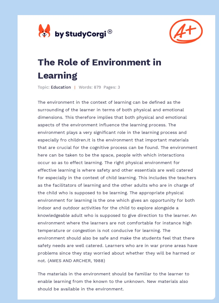The Role of Environment in Learning. Page 1