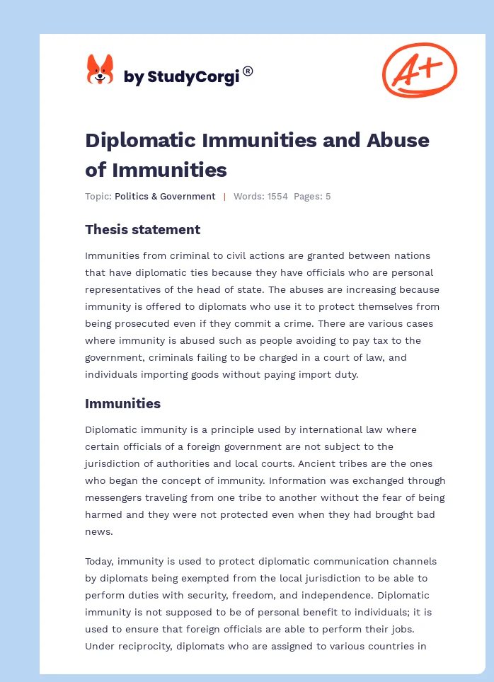 Diplomatic Immunities and Abuse of Immunities. Page 1
