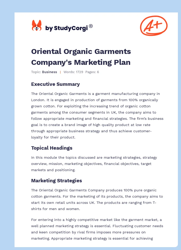Oriental Organic Garments Company's Marketing Plan. Page 1