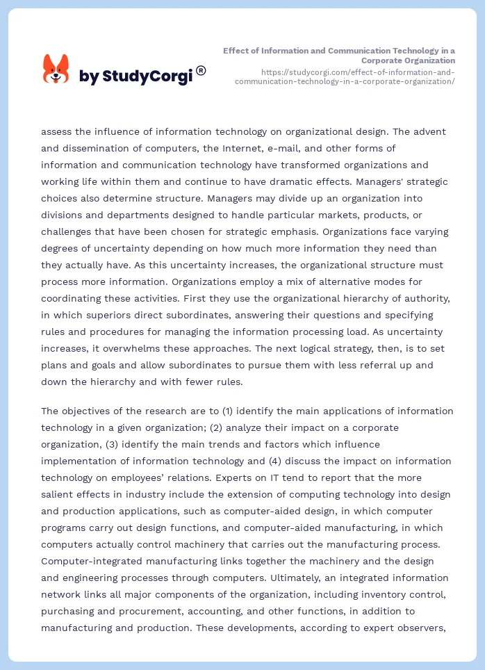 Effect of Information and Communication Technology in a Corporate Organization. Page 2