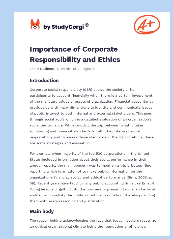 Importance of Corporate Responsibility and Ethics. Page 1