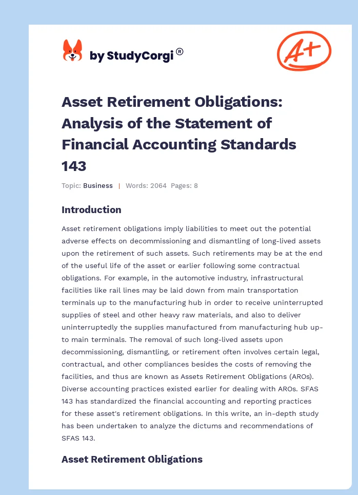 Asset Retirement Obligations: Analysis of the Statement of Financial Accounting Standards 143. Page 1