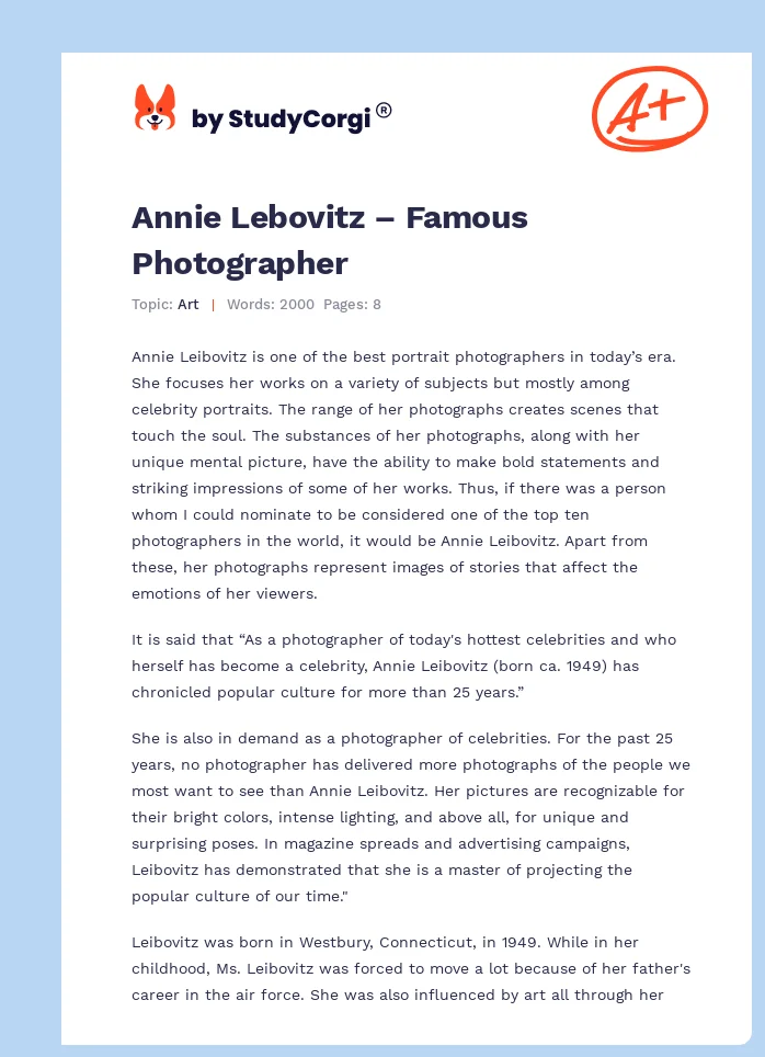 Annie Lebovitz – Famous Photographer. Page 1