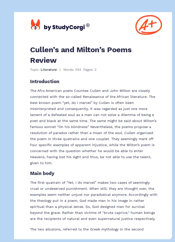 Cullen’s and Milton’s Poems Review. Page 1