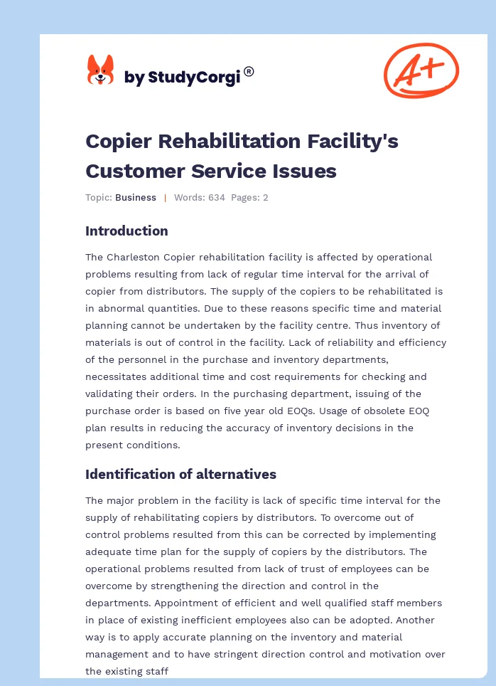 Copier Rehabilitation Facility's Customer Service Issues. Page 1