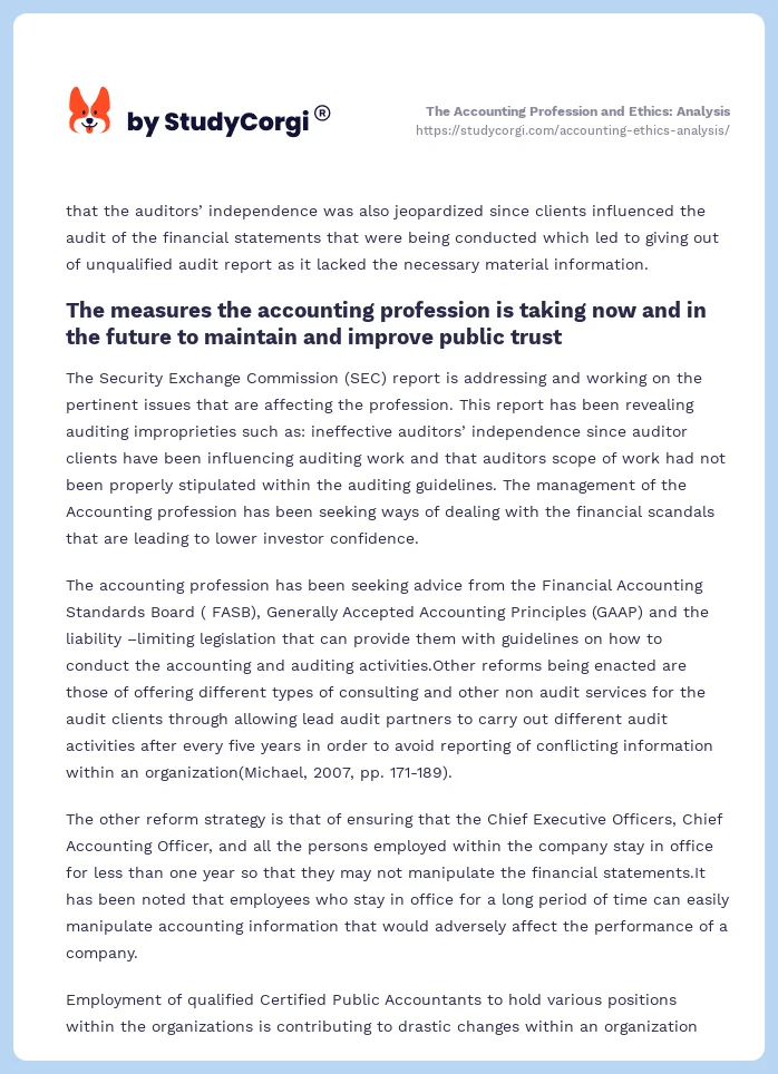 The Accounting Profession and Ethics: Analysis. Page 2