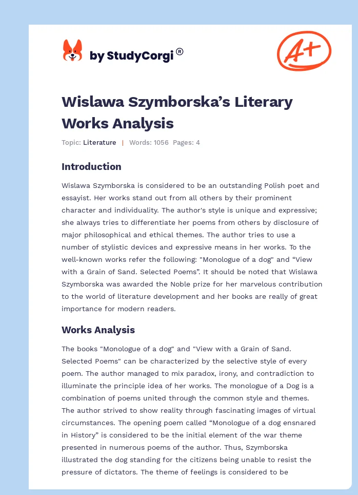 Wislawa Szymborska’s Literary Works Analysis. Page 1