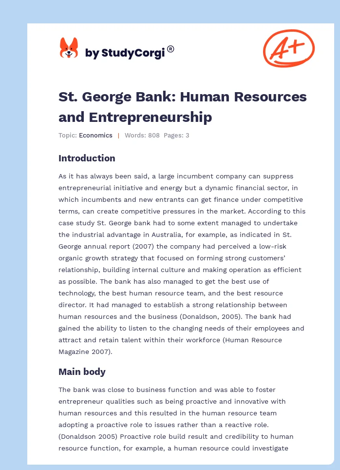 St. George Bank: Human Resources and Entrepreneurship. Page 1