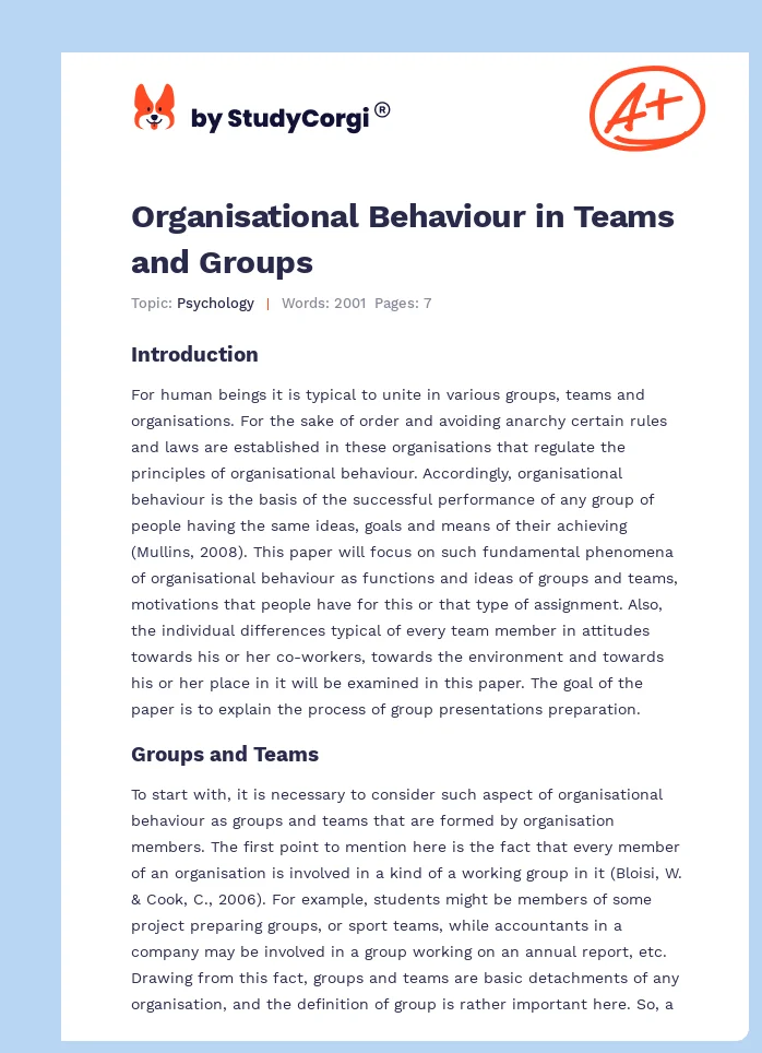 Organisational Behaviour in Teams and Groups. Page 1