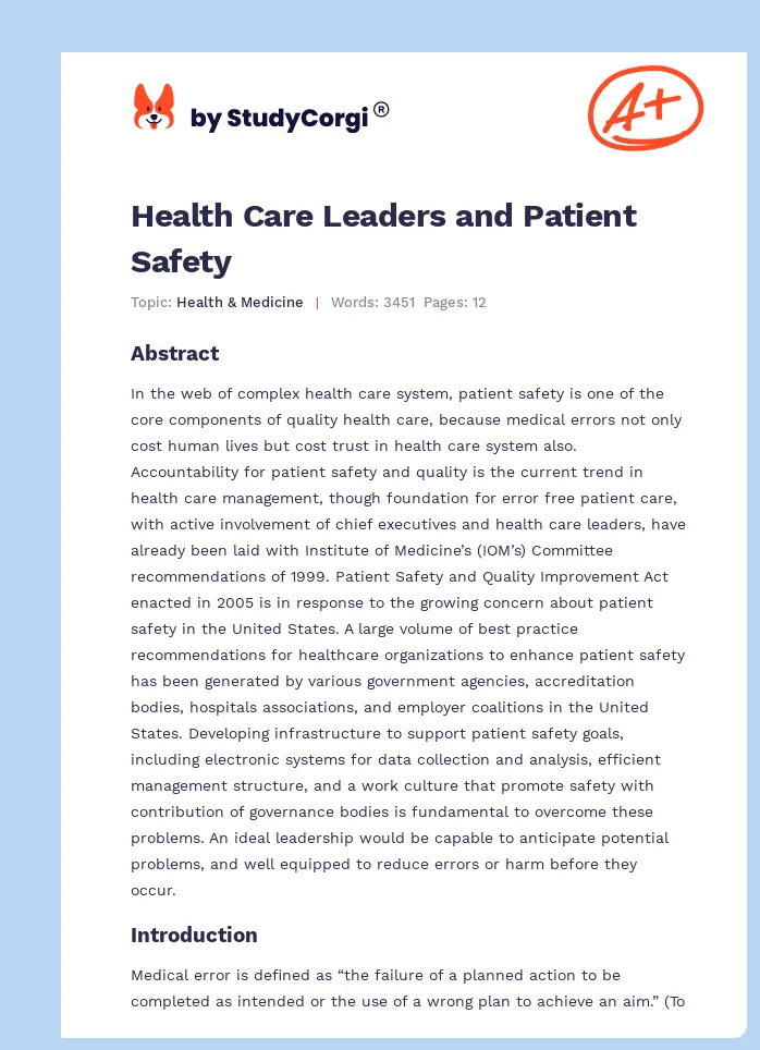Health Care Leaders and Patient Safety. Page 1