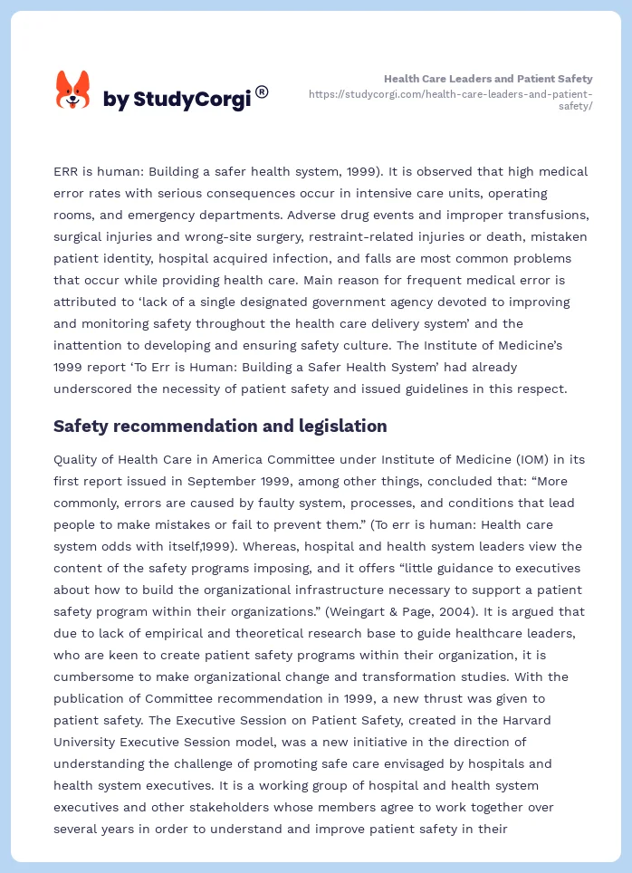 Health Care Leaders and Patient Safety. Page 2