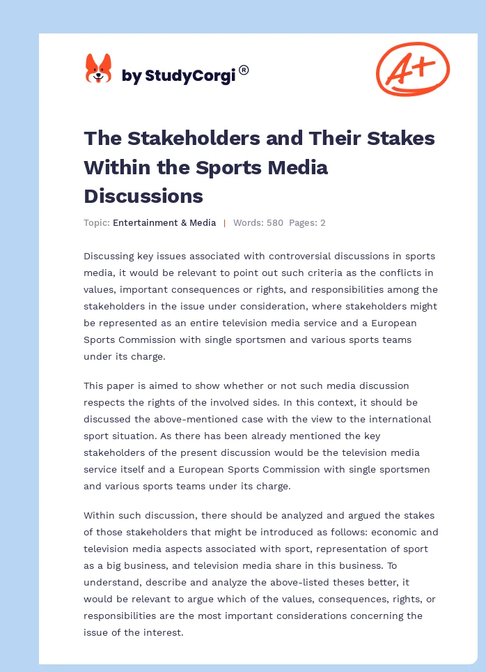 The Stakeholders and Their Stakes Within the Sports Media Discussions. Page 1