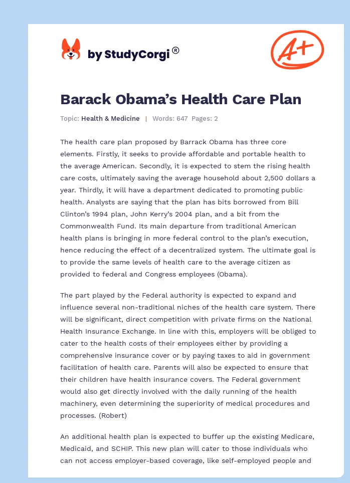 Barack Obama’s Health Care Plan. Page 1