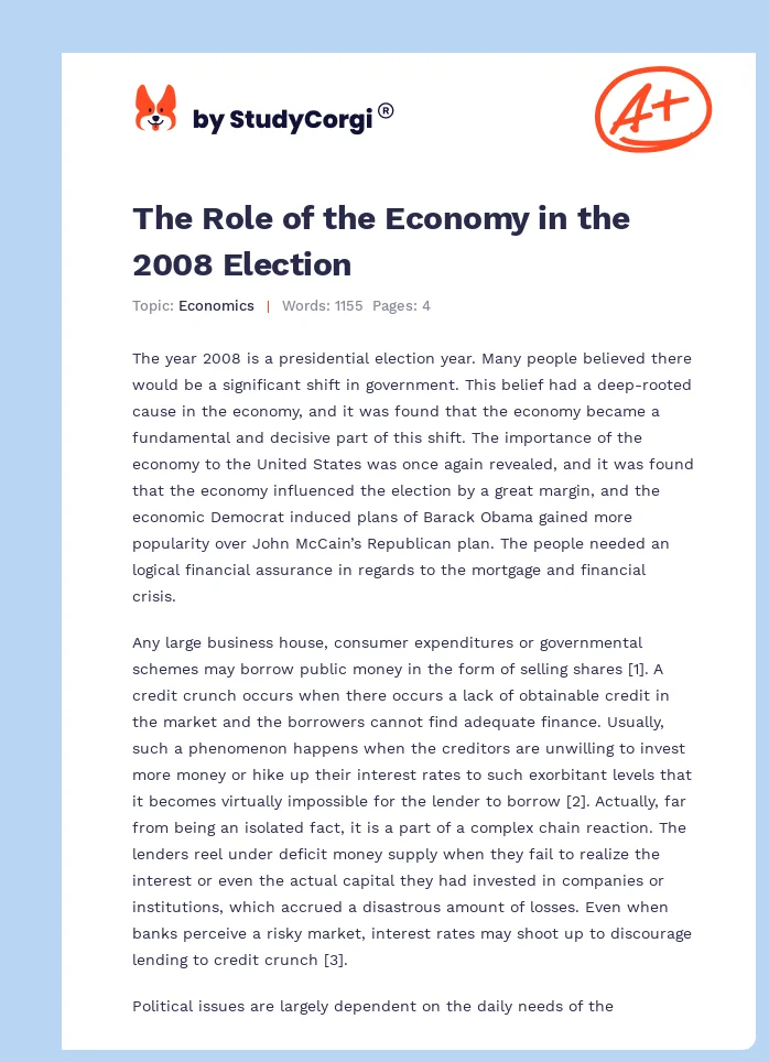 The Role of the Economy in the 2008 Election. Page 1