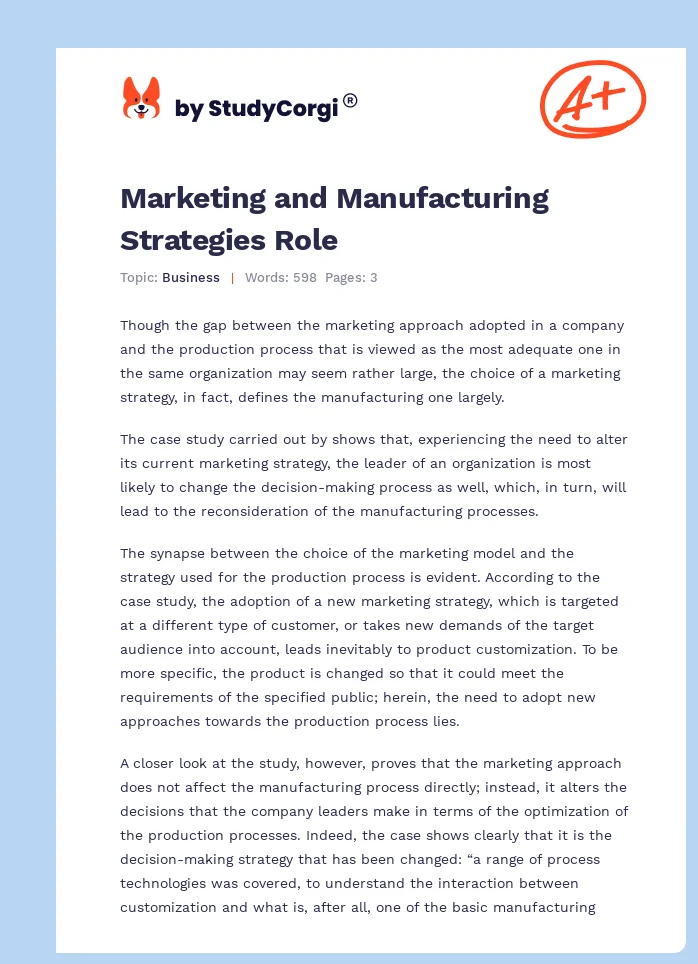 Marketing and Manufacturing Strategies Role. Page 1