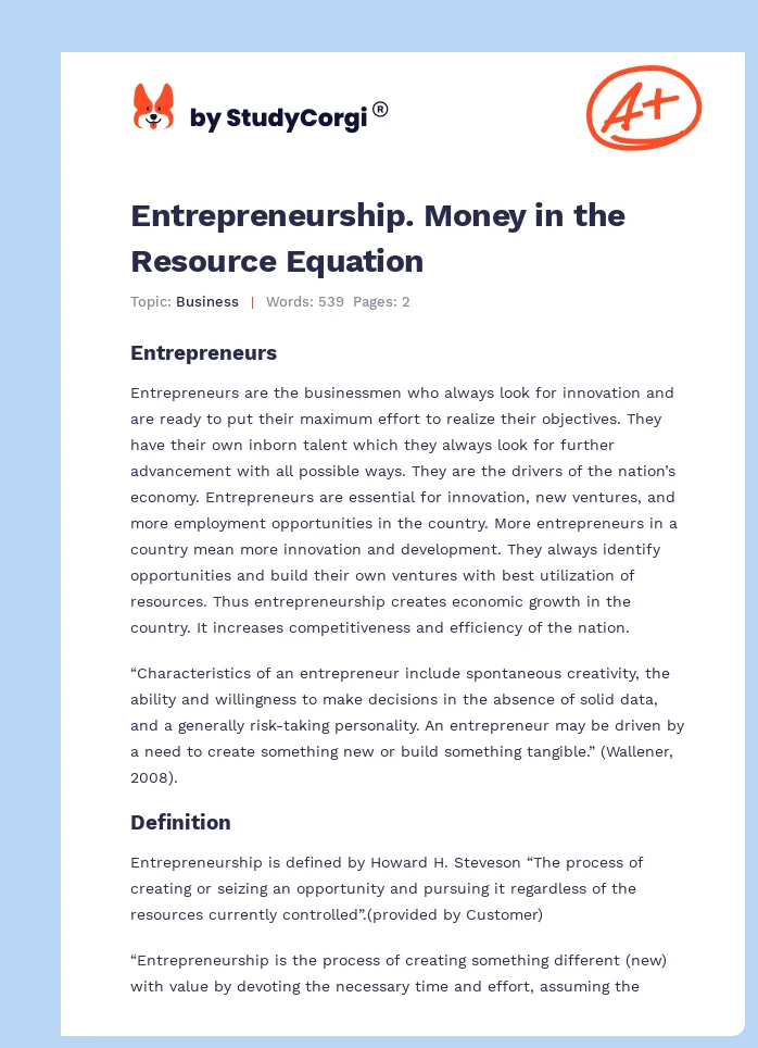Entrepreneurship. Money in the Resource Equation. Page 1