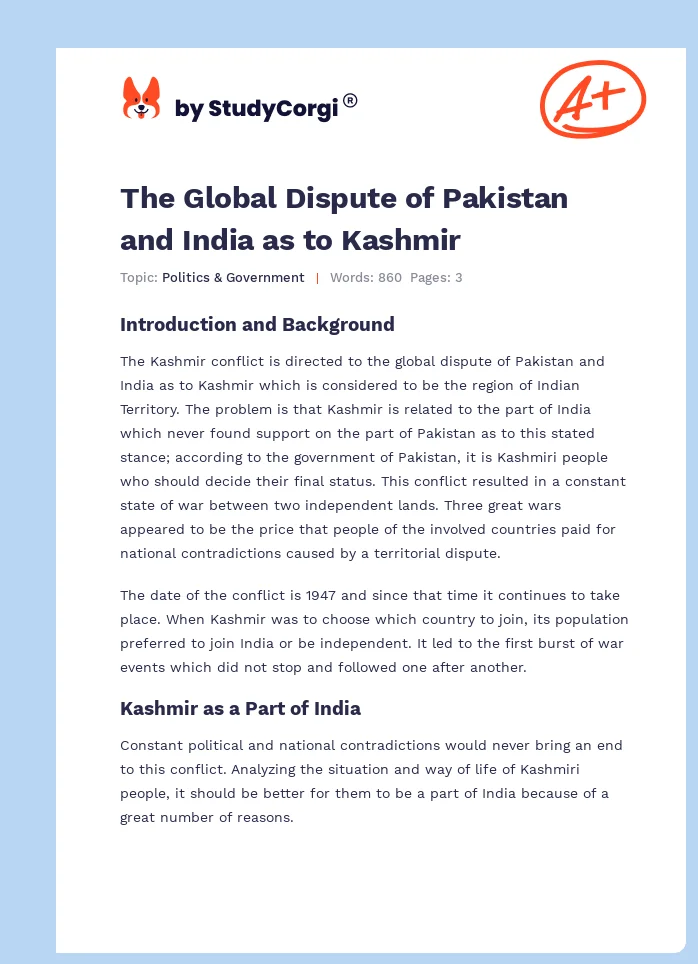 The Global Dispute of Pakistan and India as to Kashmir. Page 1