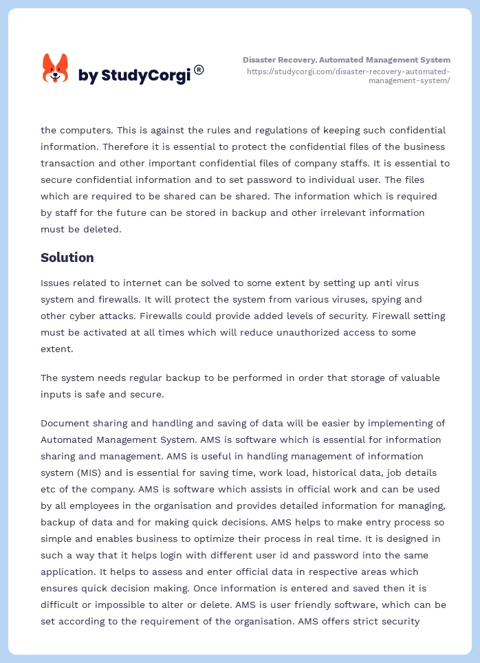 Disaster Recovery. Automated Management System. Page 2