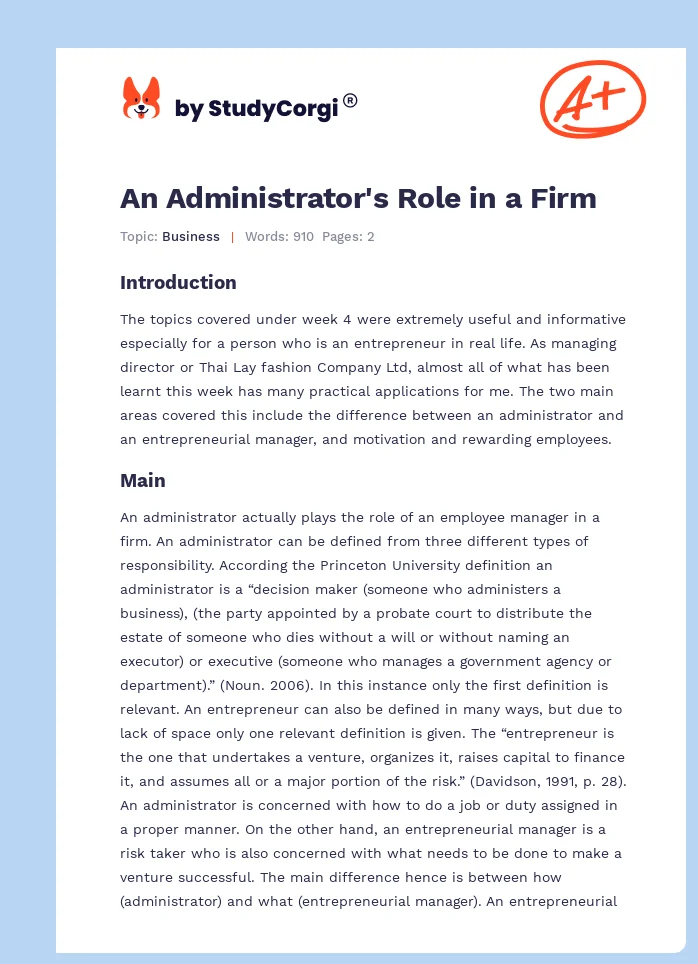An Administrator's Role in a Firm. Page 1