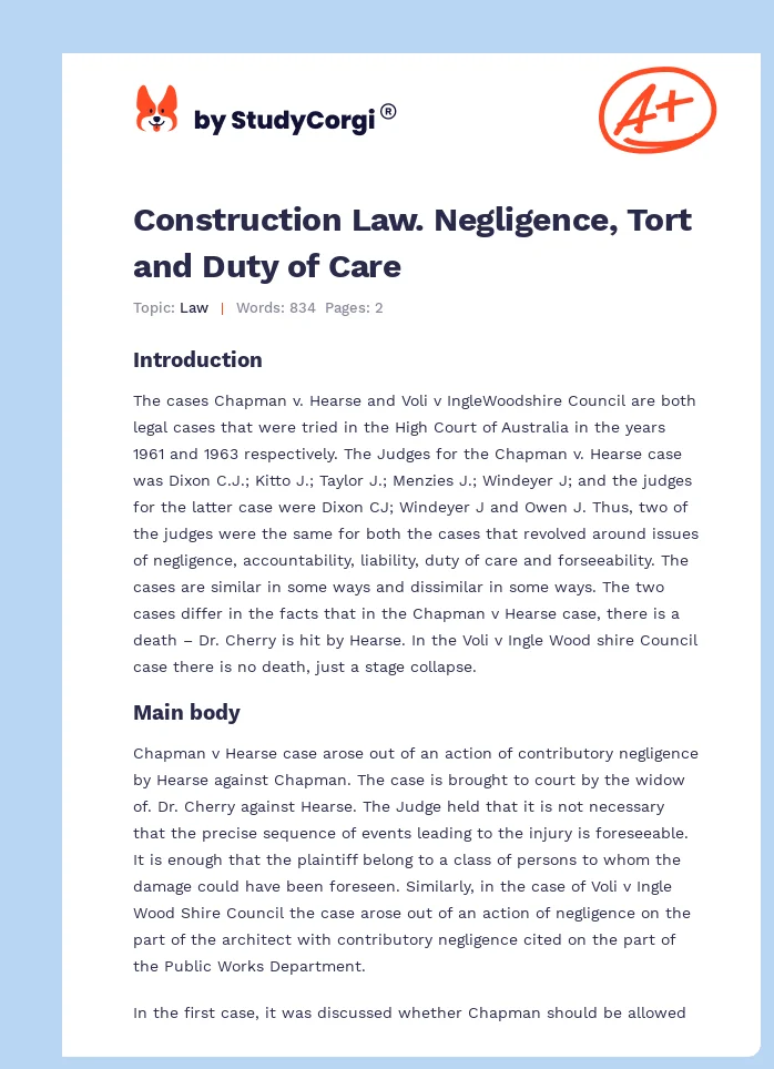 Construction Law. Negligence, Tort and Duty of Care. Page 1