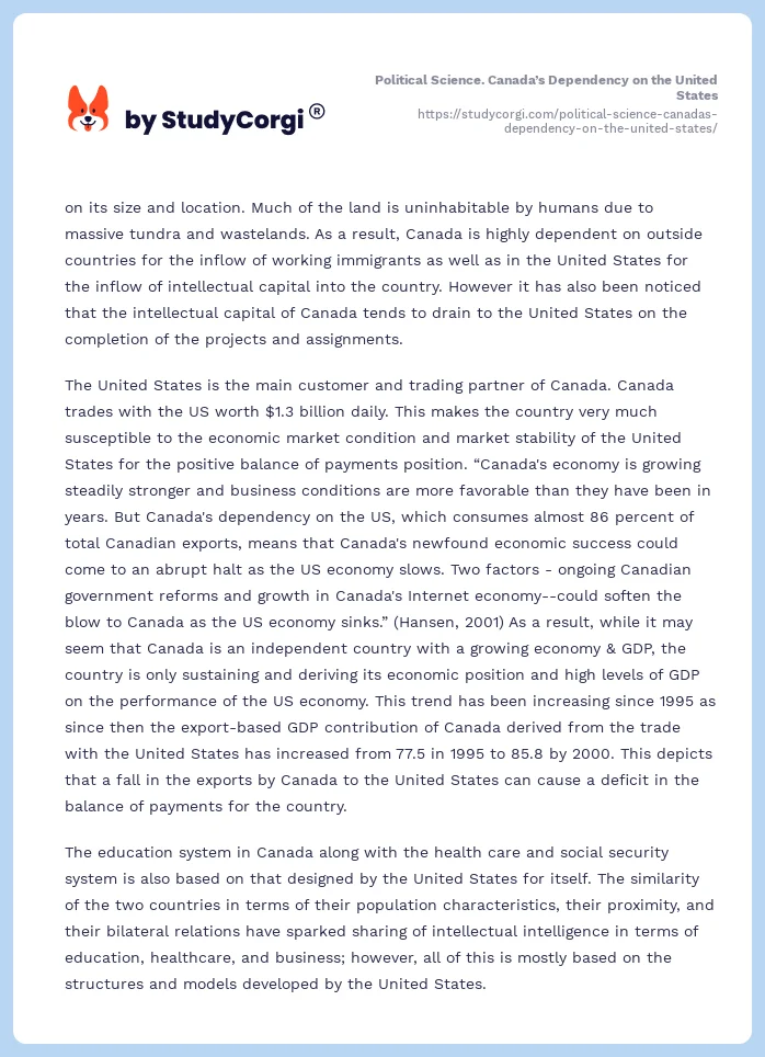 Political Science. Canada’s Dependency on the United States. Page 2