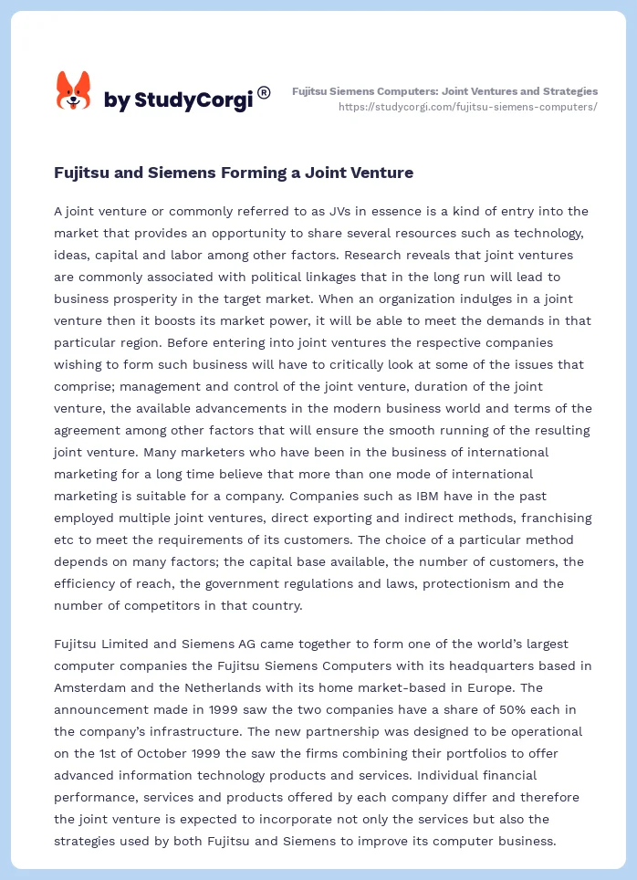 Fujitsu Siemens Computers: Joint Ventures and Strategies. Page 2