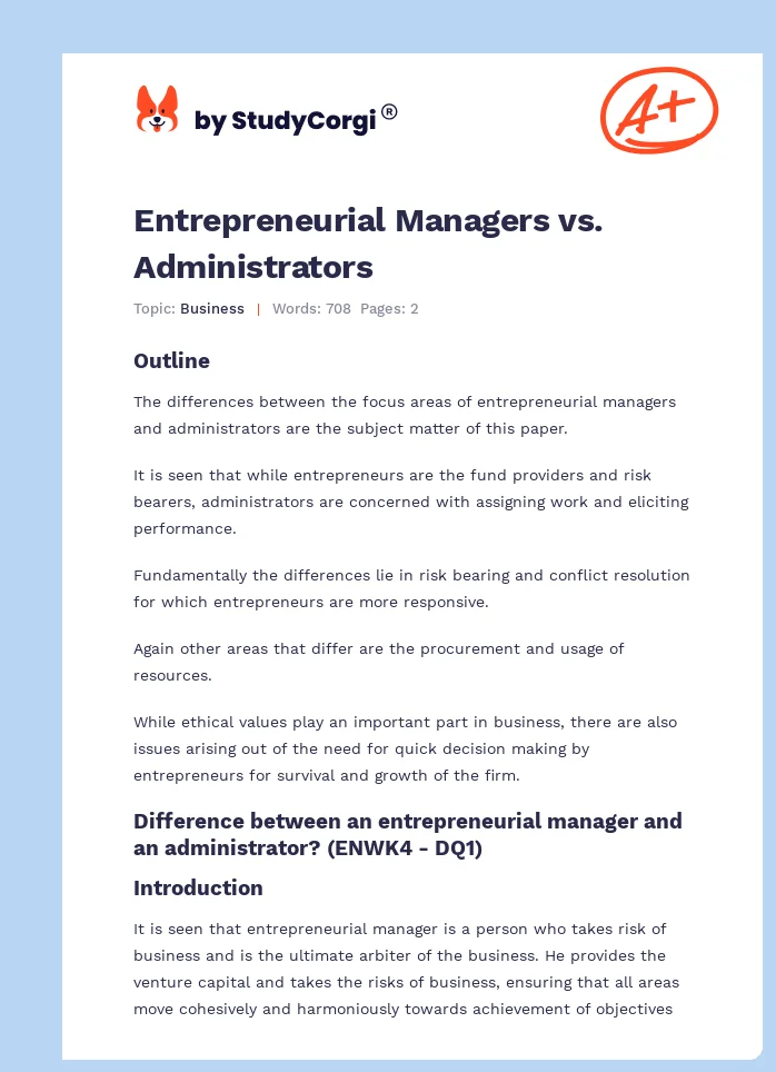 Entrepreneurial Managers vs. Administrators. Page 1