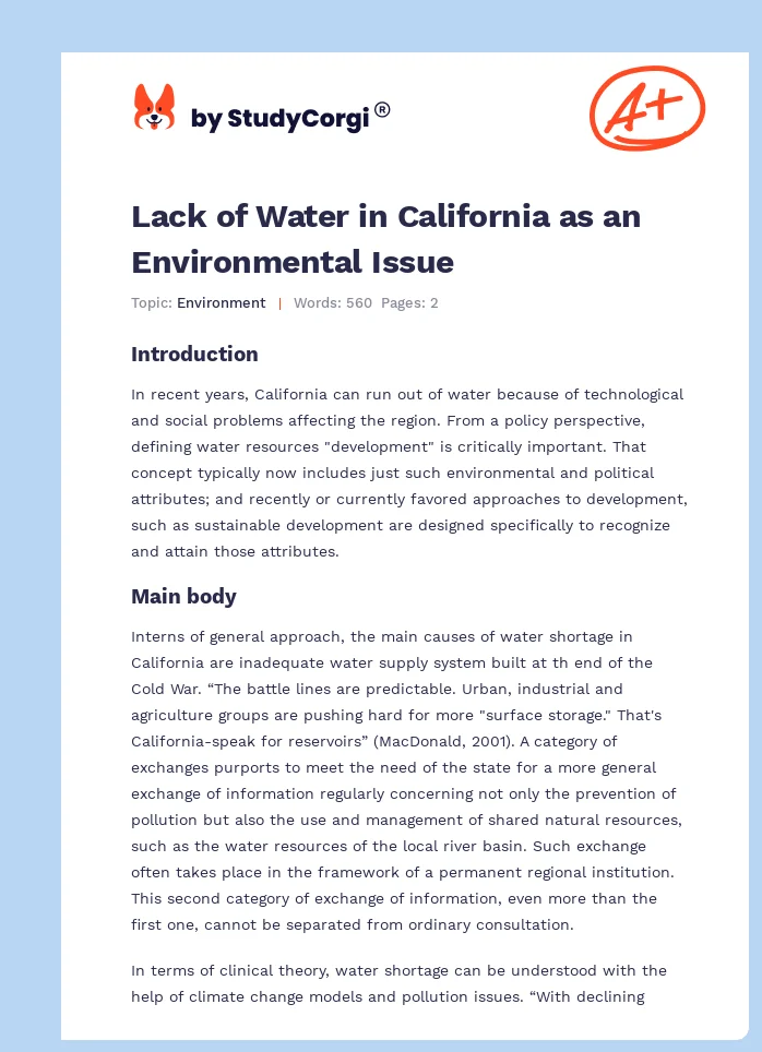 Lack of Water in California as an Environmental Issue. Page 1