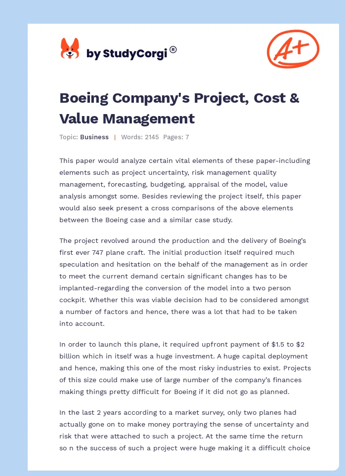Boeing Company's Project, Cost & Value Management. Page 1
