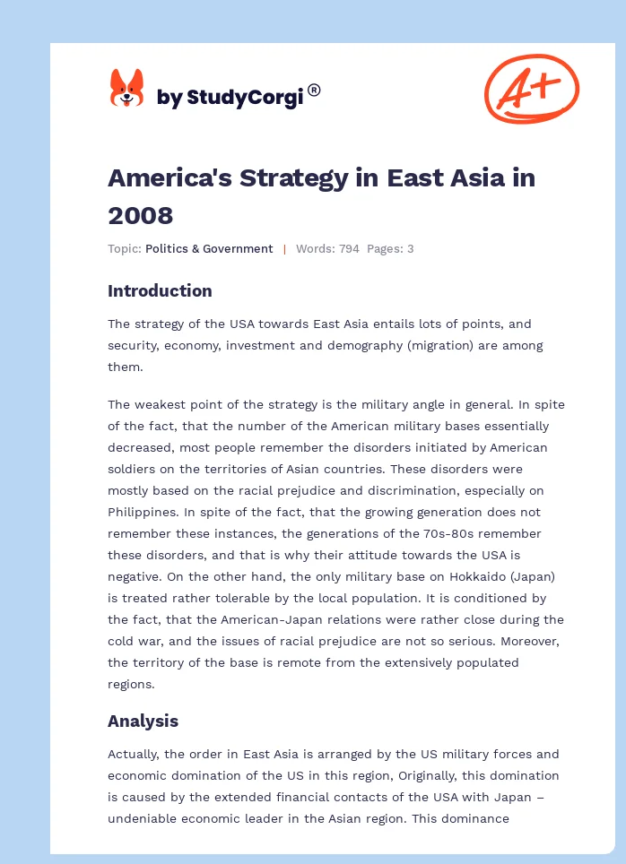America's Strategy in East Asia in 2008. Page 1